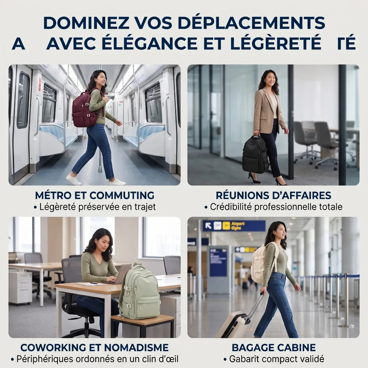 Différents cas d'utilisation urbains et professionnels du sac à dos ordinateur femme Irisia : Métro, Réunions d'affaires, Coworking et nomadisme, voyages.