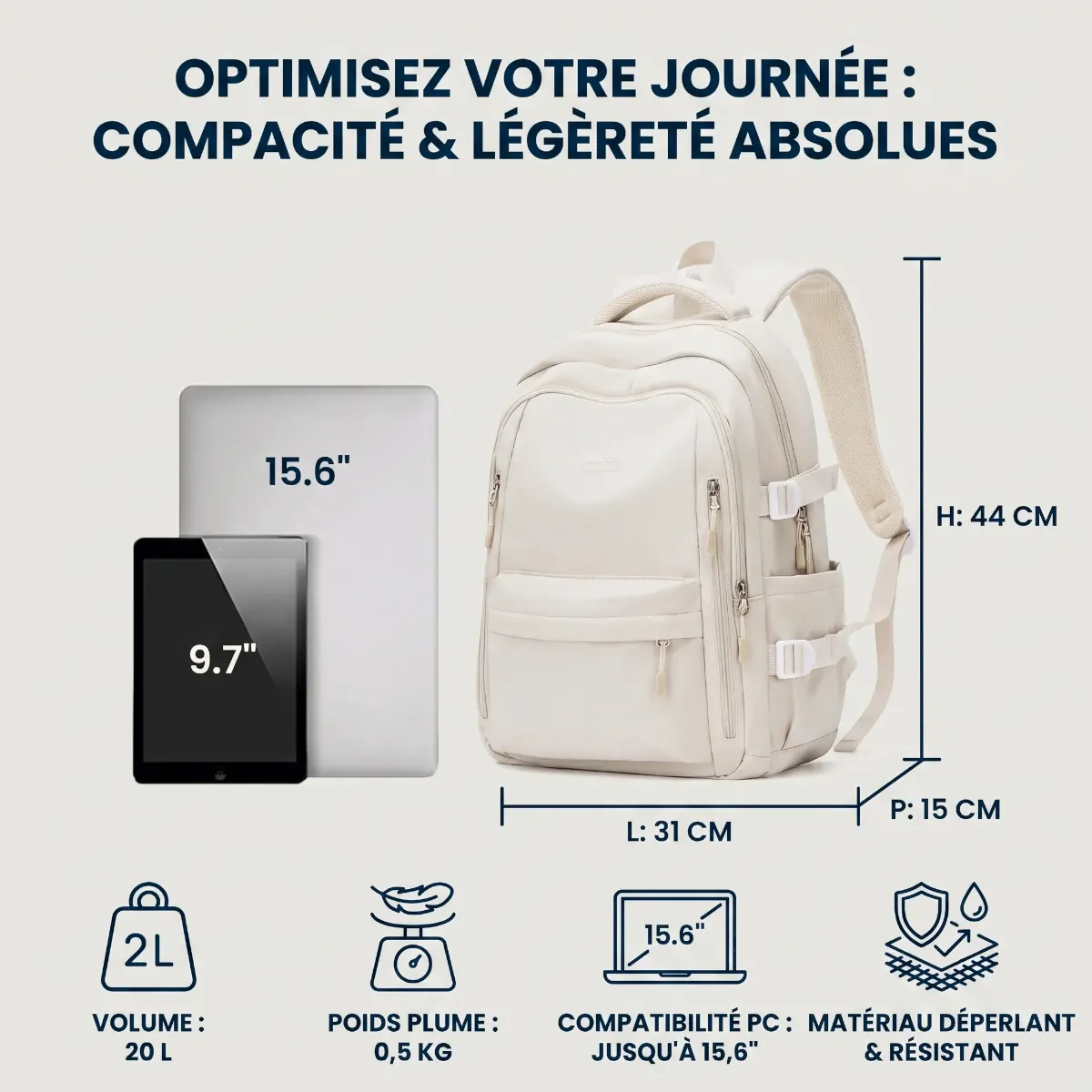 Dimensions, poids et caractéristiques techniques du sac à dos ordinateur femme Irisia