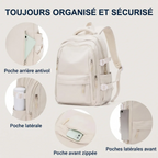 Détail des poches extérieures et antivol du sac à dos ordinateur femme Irisia