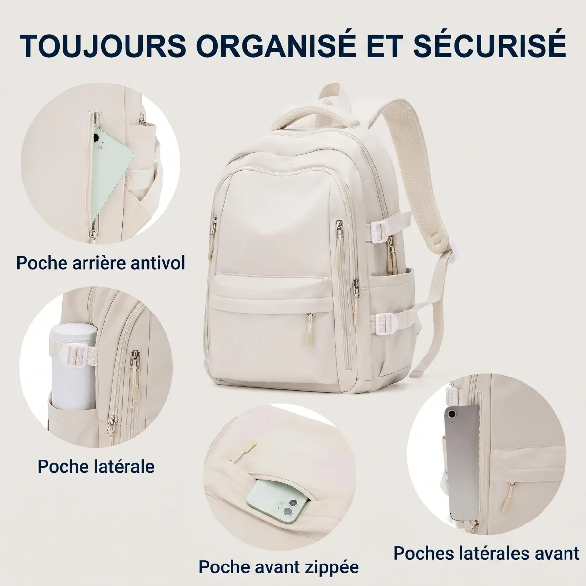 Détail des poches extérieures et antivol du sac à dos ordinateur femme Irisia
