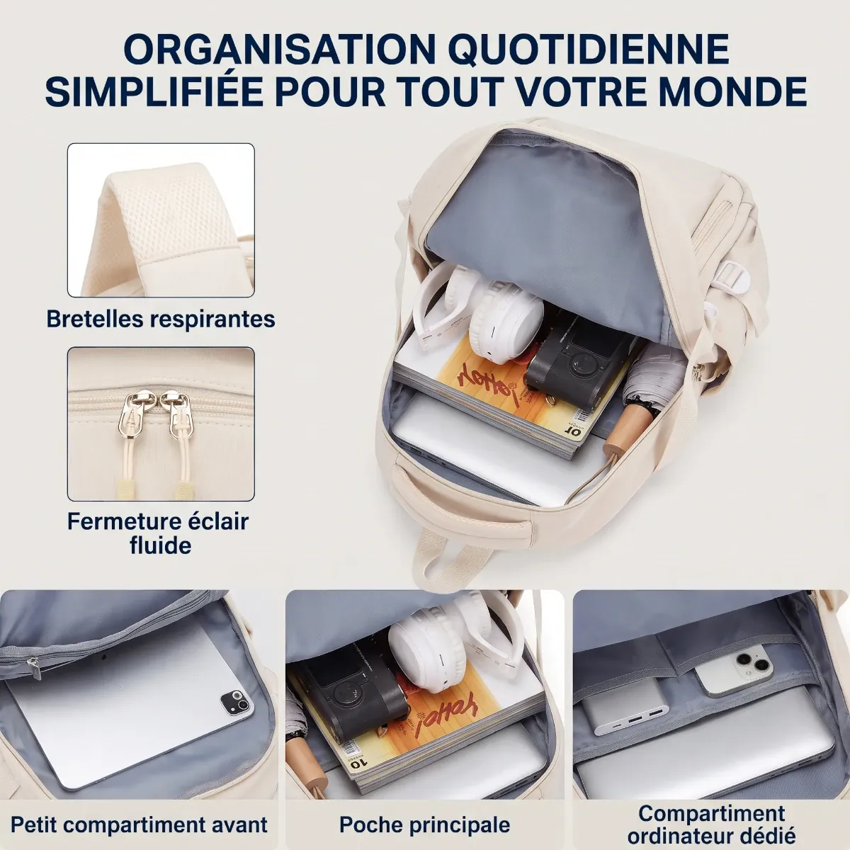 Compartiments intérieurs et espace ordinateur du sac à dos femme Irisia