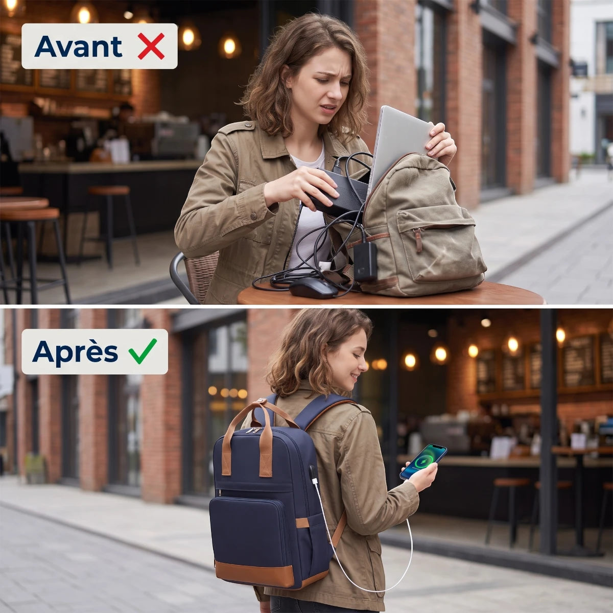 Infographie comparative avant-après montrant le gain d'organisation grâce au sac à dos ordinateur femme Kono.