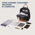 Contenu trié et vue intérieure de la grande capacité de rangement du sac à dos ordinateur femme Kono.