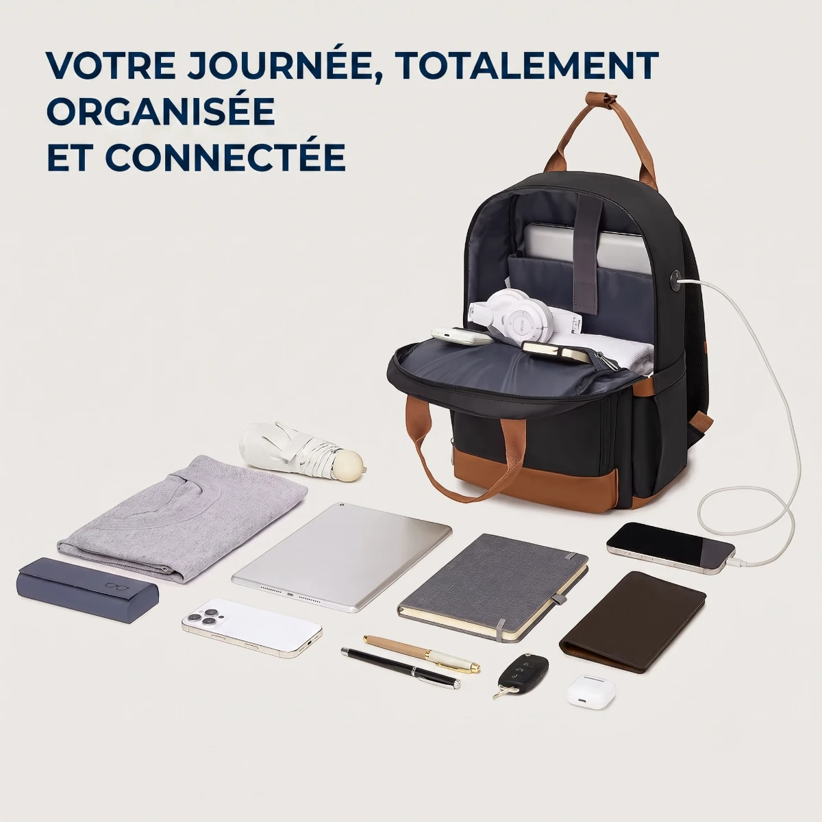 Contenu trié et vue intérieure de la grande capacité de rangement du sac à dos ordinateur femme Kono.