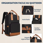 Vue zoomée sur les détails techniques, fermetures sécurisées et poignées du sac à dos ordinateur femme Kono.