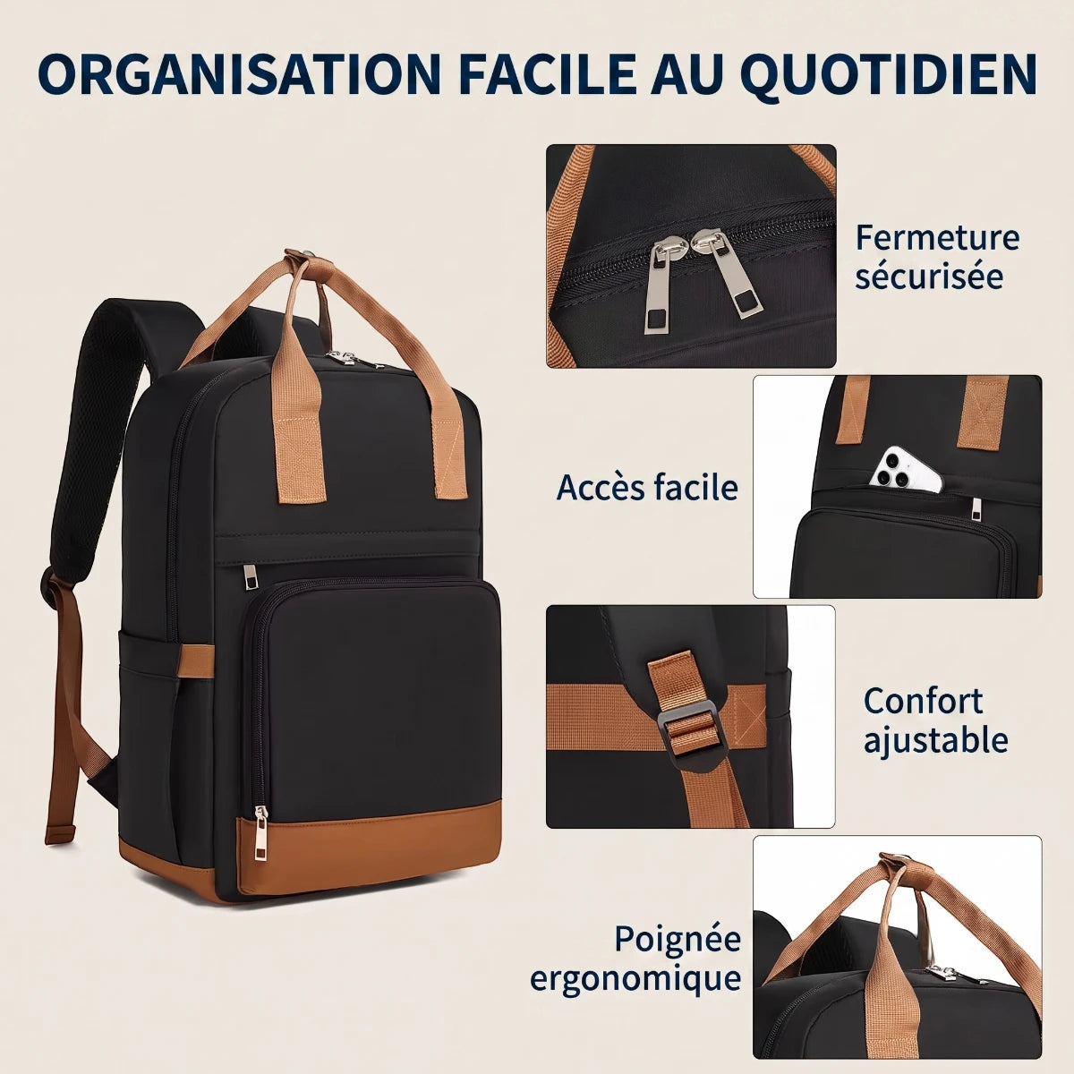 Vue zoomée sur les détails techniques, fermetures sécurisées et poignées du sac à dos ordinateur femme Kono.