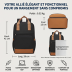 Schéma technique des dimensions en cm et du poids plume du sac à dos ordinateur femme Kono.