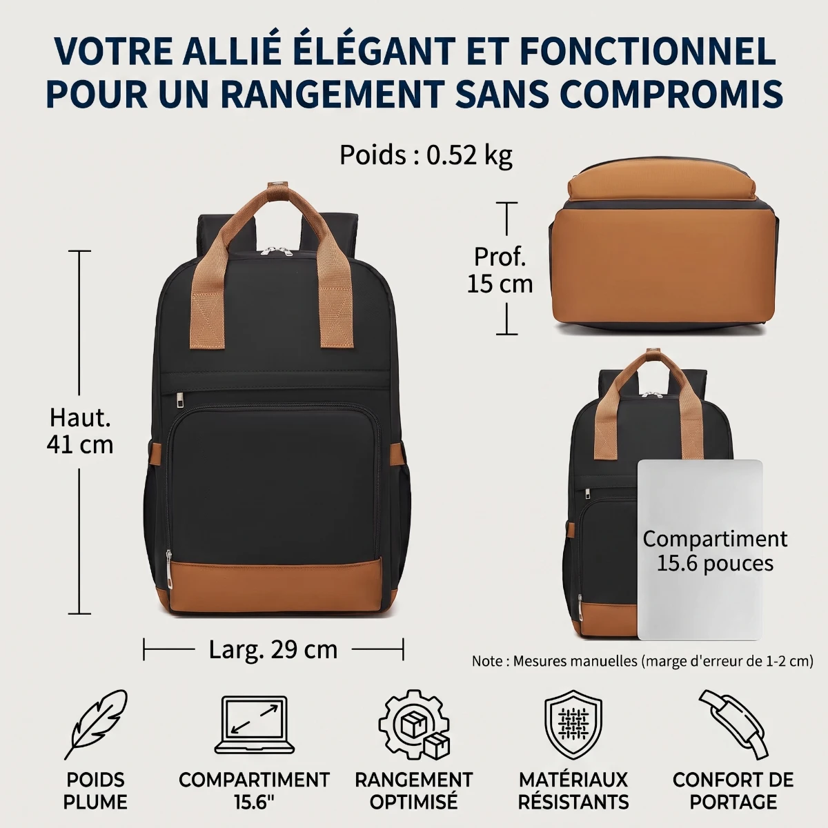 Schéma technique des dimensions en cm et du poids plume du sac à dos ordinateur femme Kono.