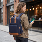 Femme active portant le sac à dos ordinateur femme Kono bleu marine et rechargeant son téléphone dans la rue.