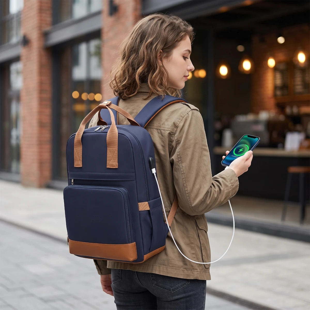 Femme active portant le sac à dos ordinateur femme Kono bleu marine et rechargeant son téléphone dans la rue.
