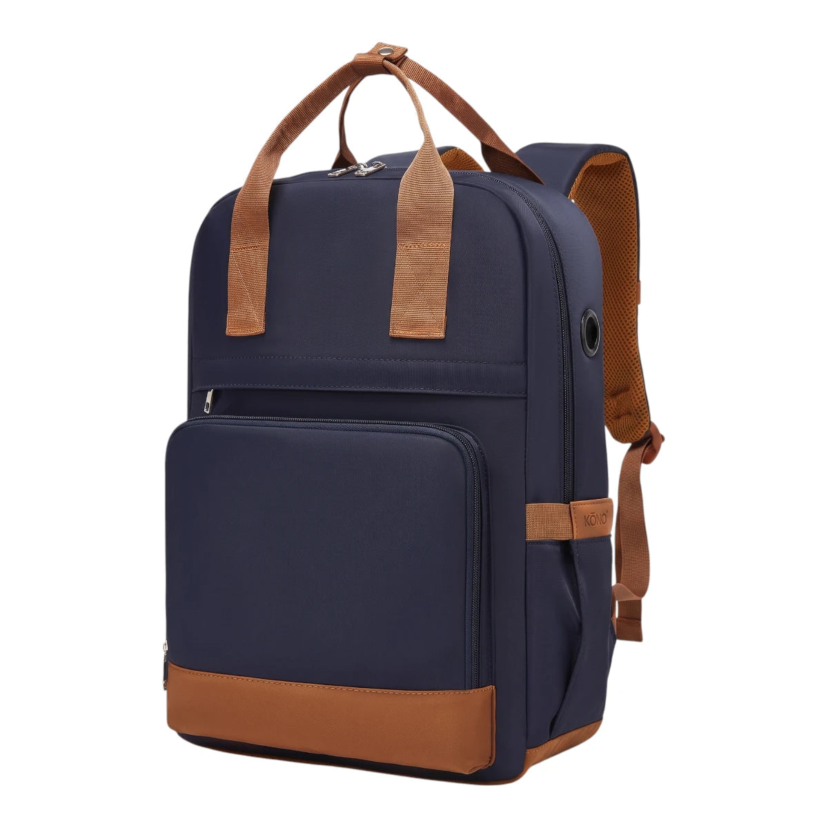 Sac à dos ordinateur femme Kono bleu marine et marron présenté de face sur fond blanc de studio.