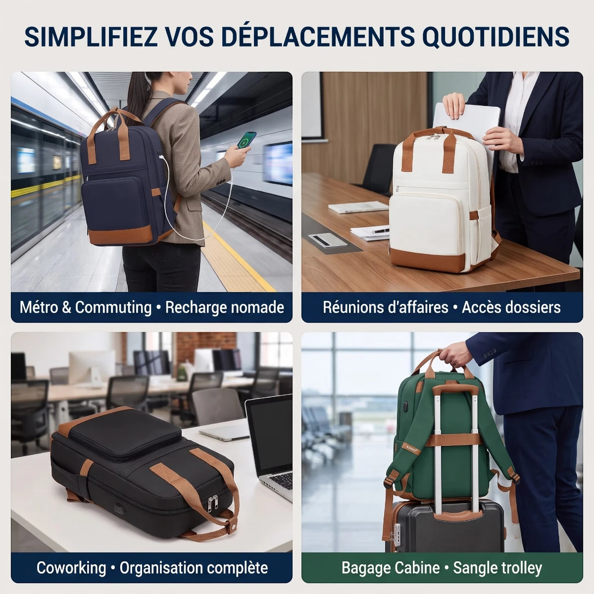 Les 4 cas d'utilisation du sac à dos ordinateur femme Kono en déplacement, réunion, coworking et bagage cabine.