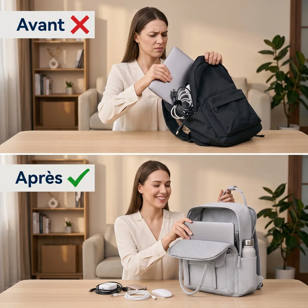 Comparatif avant après organisation et rangement avec le sac à dos ordinateur femme Kora.