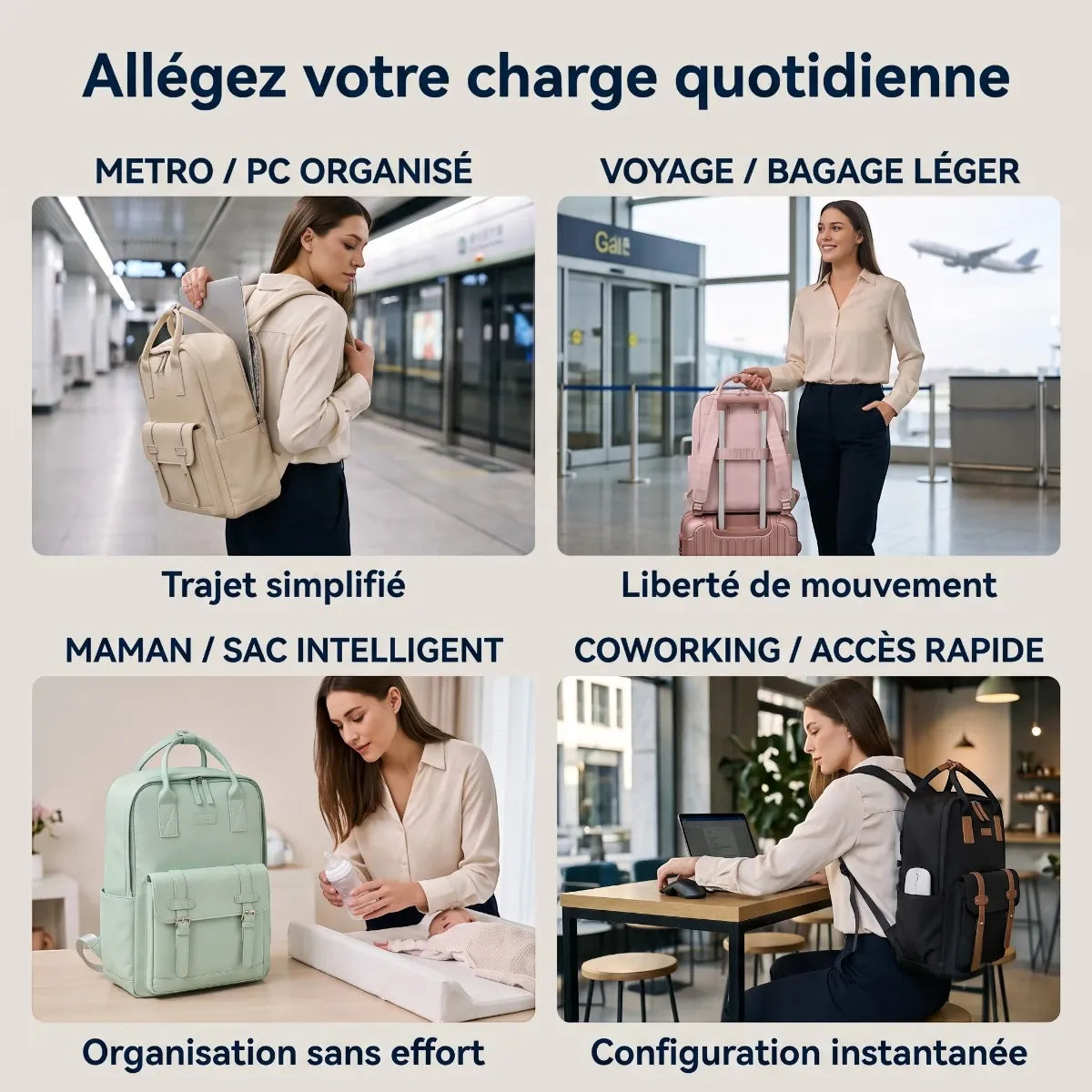 Les 4 cas d'utilisation du sac à dos ordinateur femme Kora : métro, voyage, maman et coworking.