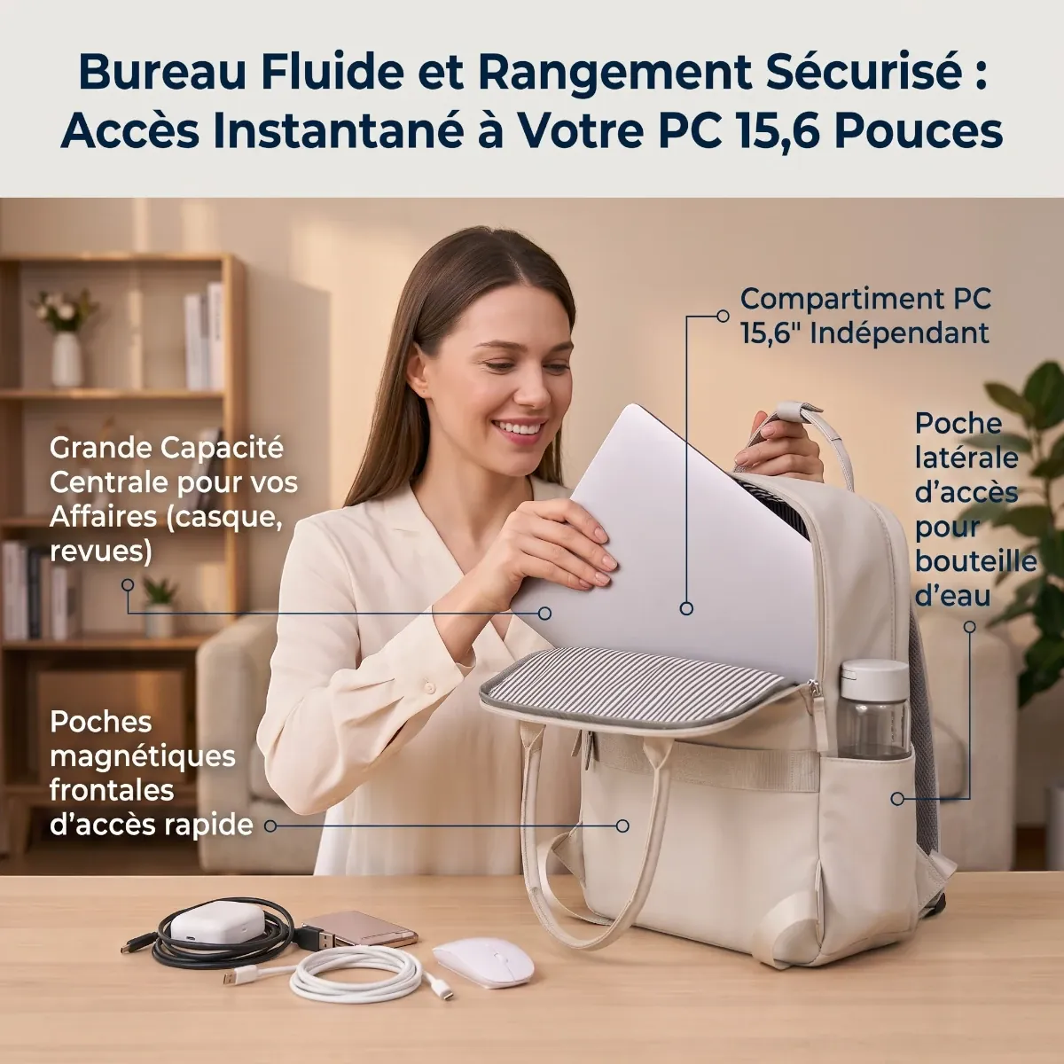 Femme active rangeant un ordinateur portable 15,6 pouces dans le sac à dos ordinateur femme Kora.