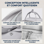 Gros plan sur la qualité de fabrication, les bretelles et la double anse du sac à dos ordinateur femme Kora.