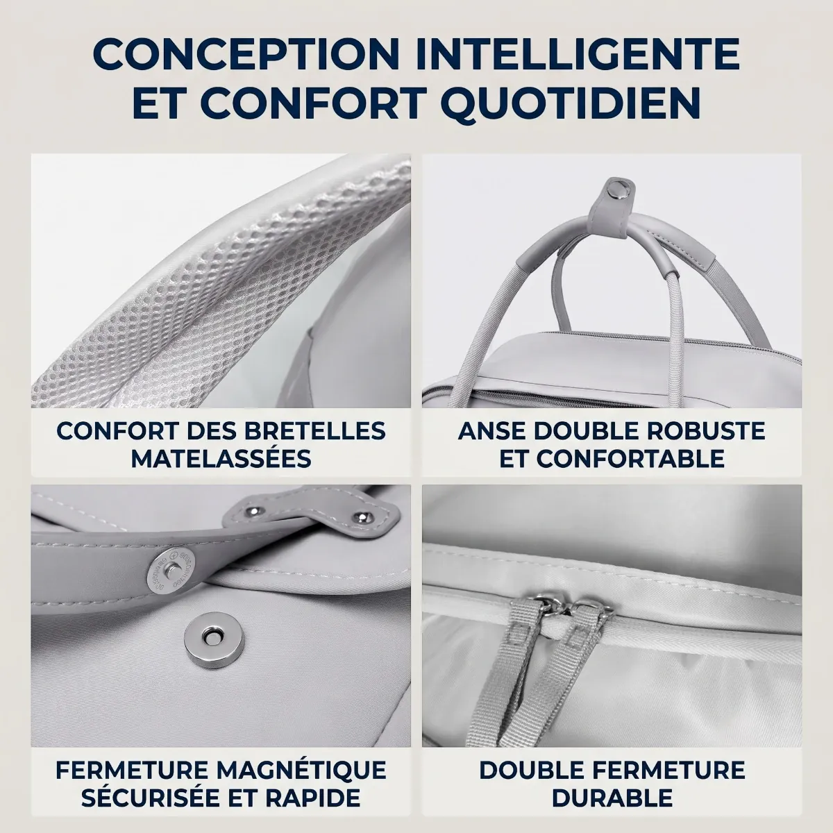 Gros plan sur la qualité de fabrication, les bretelles et la double anse du sac à dos ordinateur femme Kora.