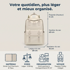 Infographie des dimensions en cm et des propriétés ergonomiques du sac à dos ordinateur femme Kora.