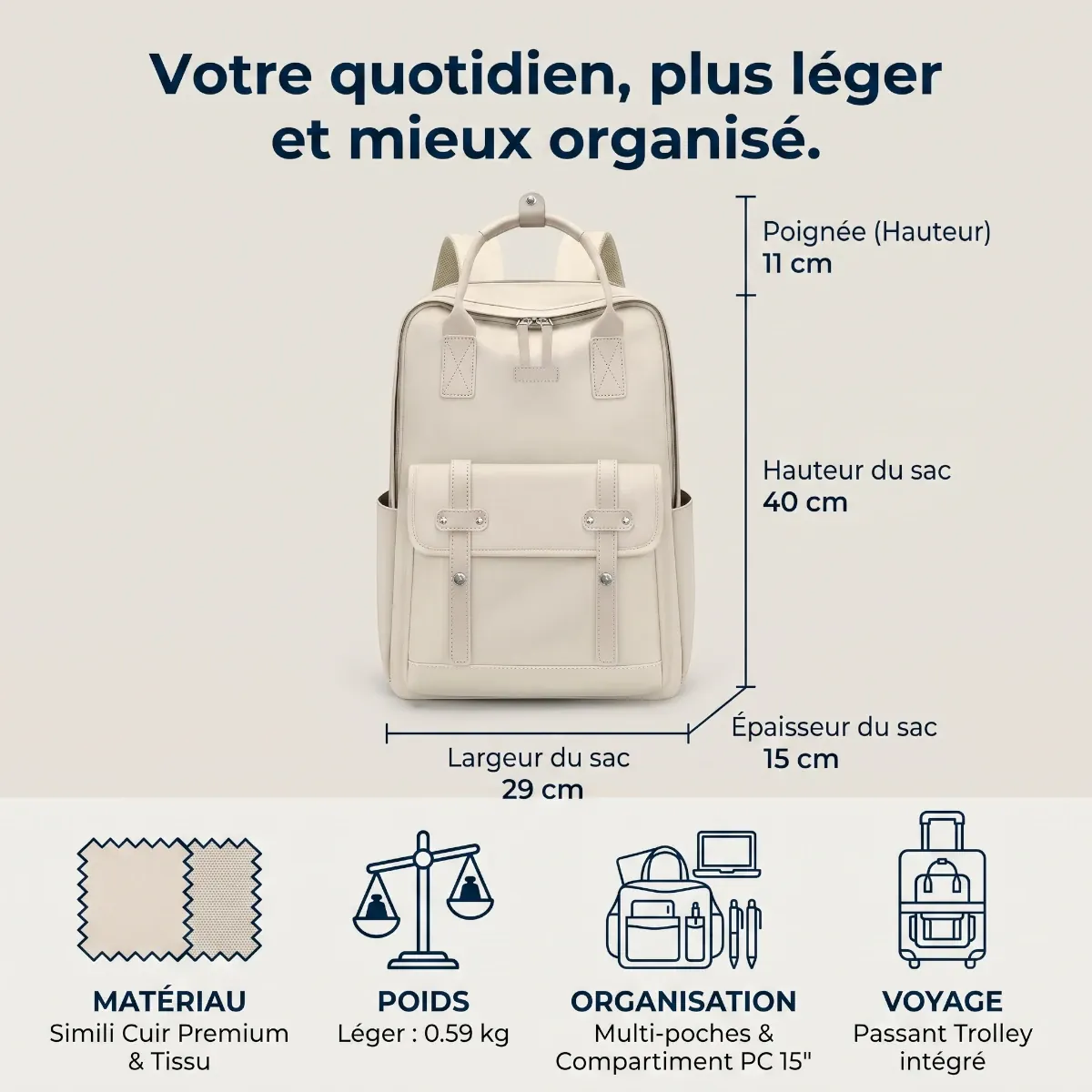 Infographie des dimensions en cm et des propriétés ergonomiques du sac à dos ordinateur femme Kora.