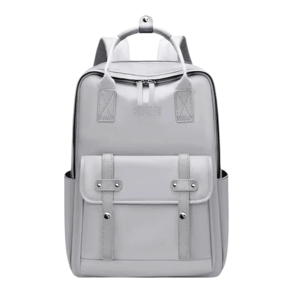 Sac à dos ordinateur femme Kora en version gris épuré, photo studio de face sur fond blanc.