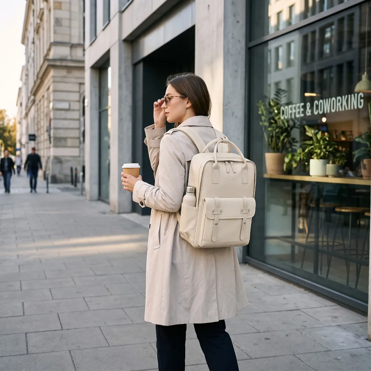 Allure professionnelle d'une femme portant le sac à dos ordinateur femme Kora dans la rue.