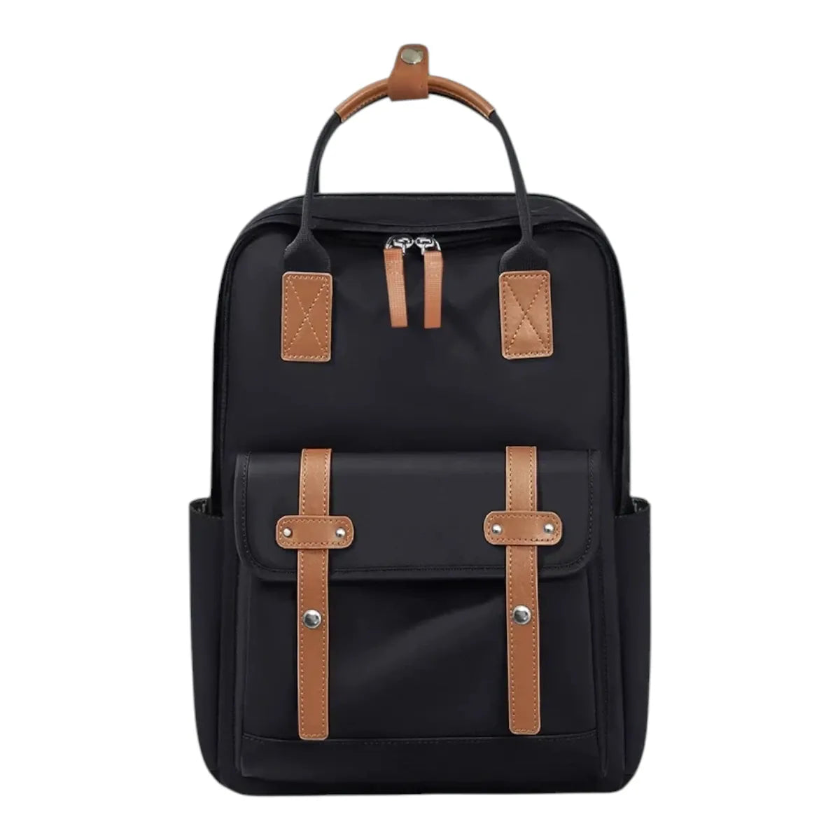 Sac à dos ordinateur femme Kora en version noir business avec détails marron, photo studio de face sur fond blanc.