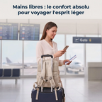 Sac à dos ordinateur femme Kora fixé à une valise par son passant trolley dans un aéroport.