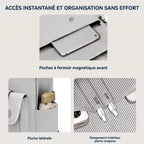 Détail des poches magnétiques, poches de côté et porte-crayons du sac à dos ordinateur femme Kora.
