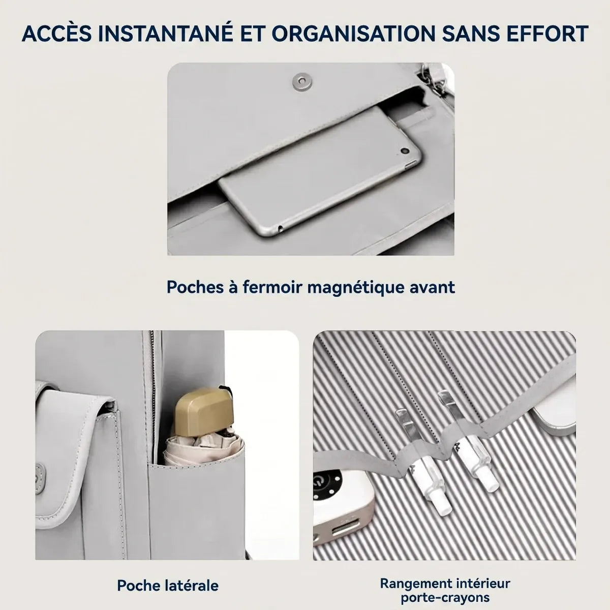 Détail des poches magnétiques, poches de côté et porte-crayons du sac à dos ordinateur femme Kora.