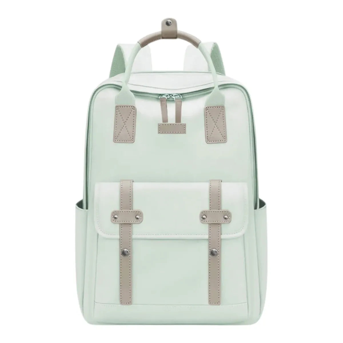 Sac à dos ordinateur femme Kora en version vert menthe pastel, photo studio de face sur fond blanc.