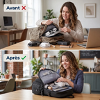 Comparatif avant après montrant le rangement optimisé du sac à dos ordinateur femme Libra.
