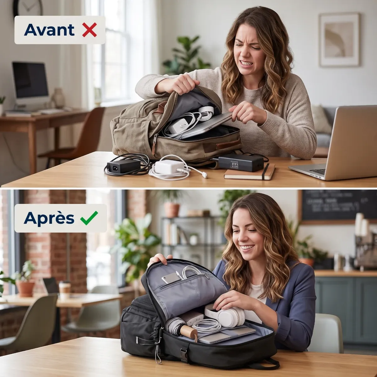 Comparatif avant après montrant le rangement optimisé du sac à dos ordinateur femme Libra.