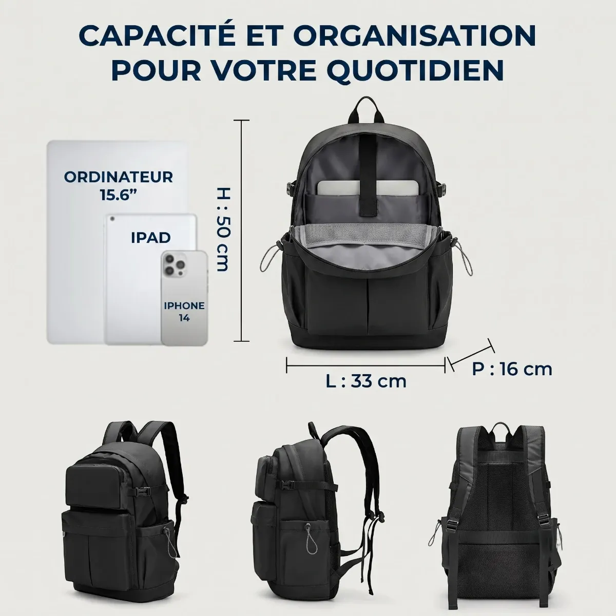 Diagramme des dimensions en cm et de la capacité du sac à dos ordinateur femme Libra.