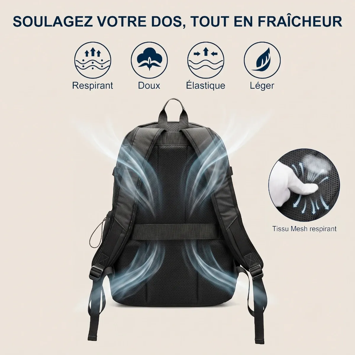 Zoom sur le tissu mesh respirant et le soutien dorsal du sac à dos ordinateur femme Libra.