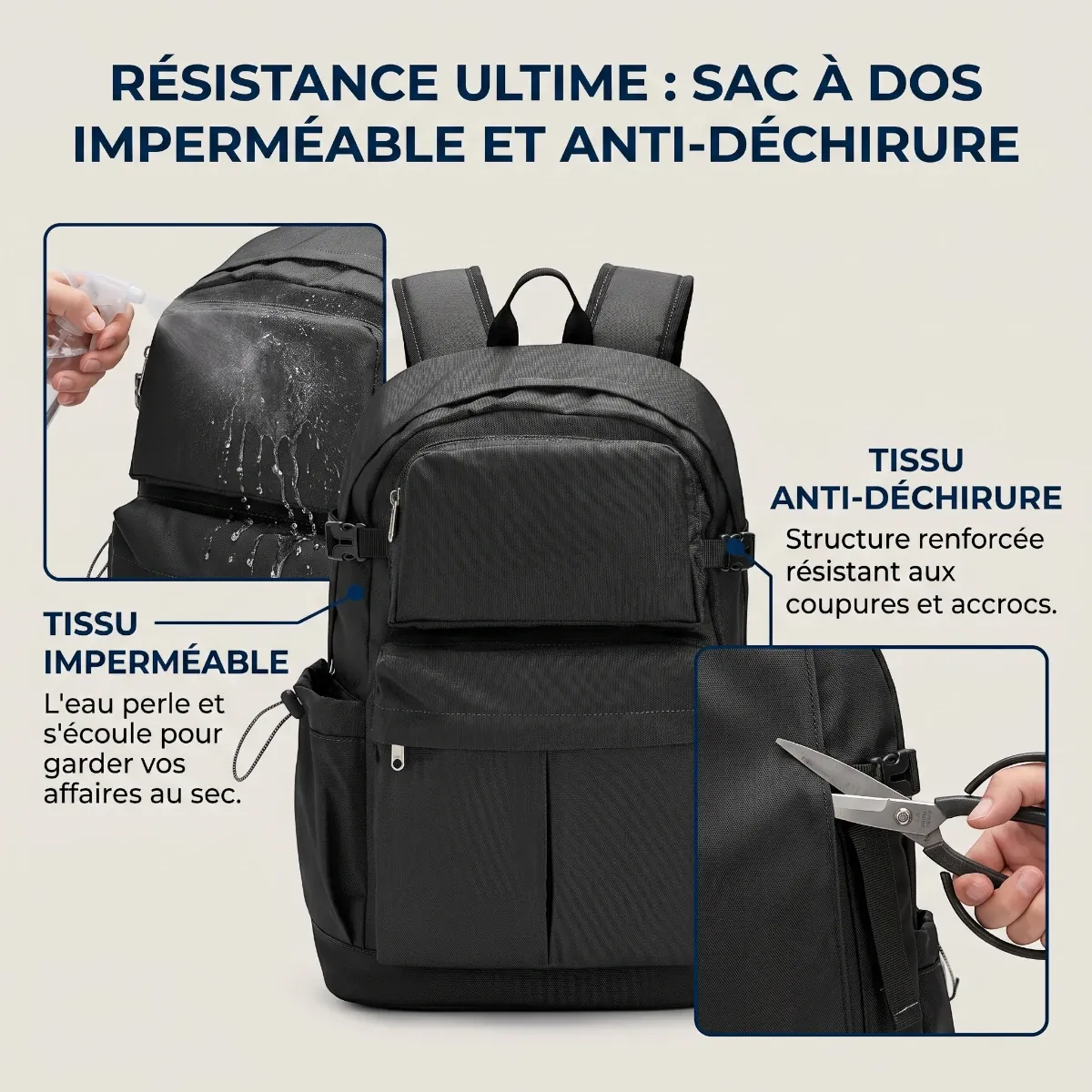 Démonstration du tissu imperméable et anti-déchirure du sac à dos ordinateur femme Libra.