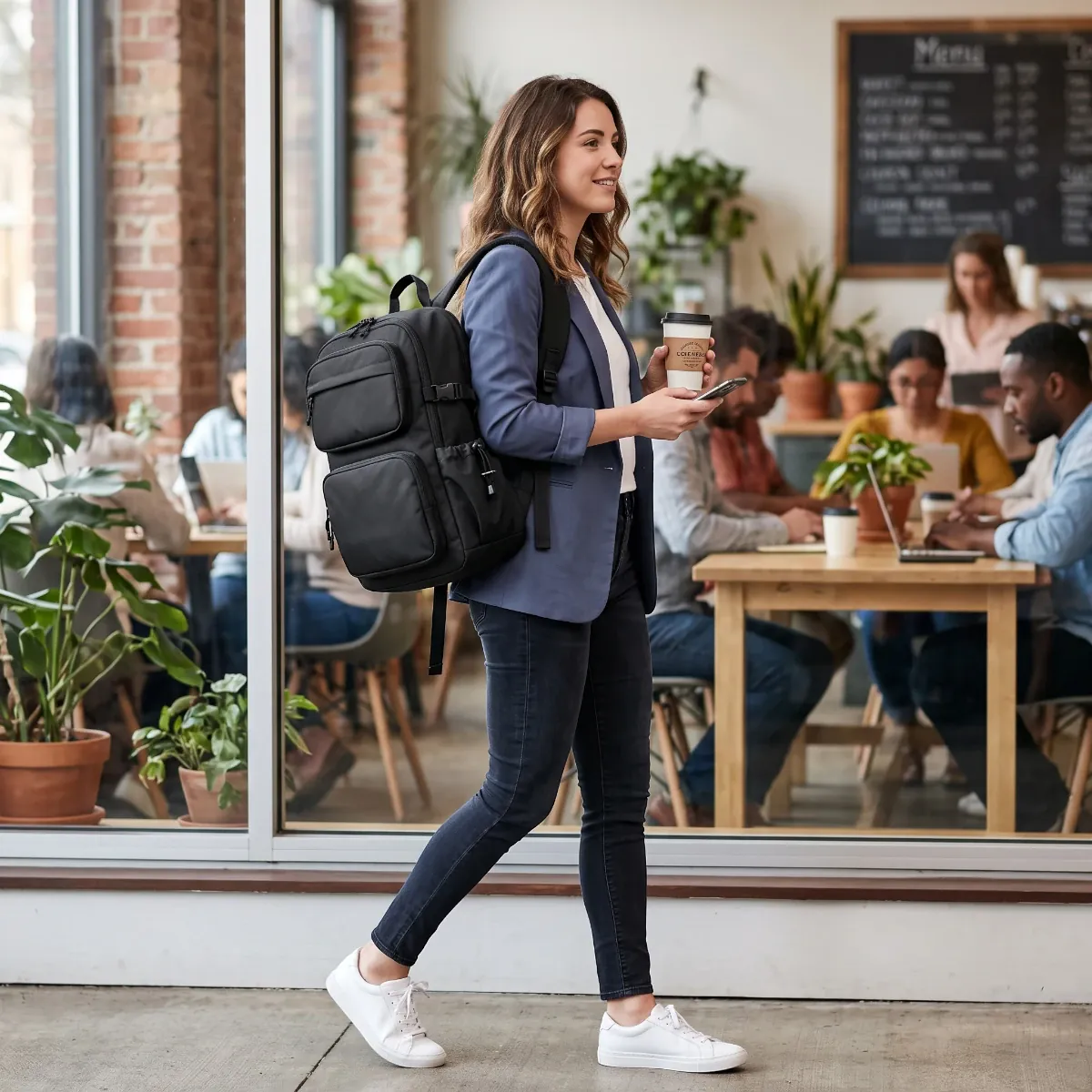 Femme active élégante portant le sac à dos ordinateur femme Libra noir en ville.