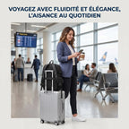 Sac à dos ordinateur femme Libra fixé sur la poignée d’une valise cabine dans un aéroport.
