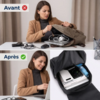 Image comparative avant/après montrant l'organisation sans friction du sac à dos business femme Linéa.
