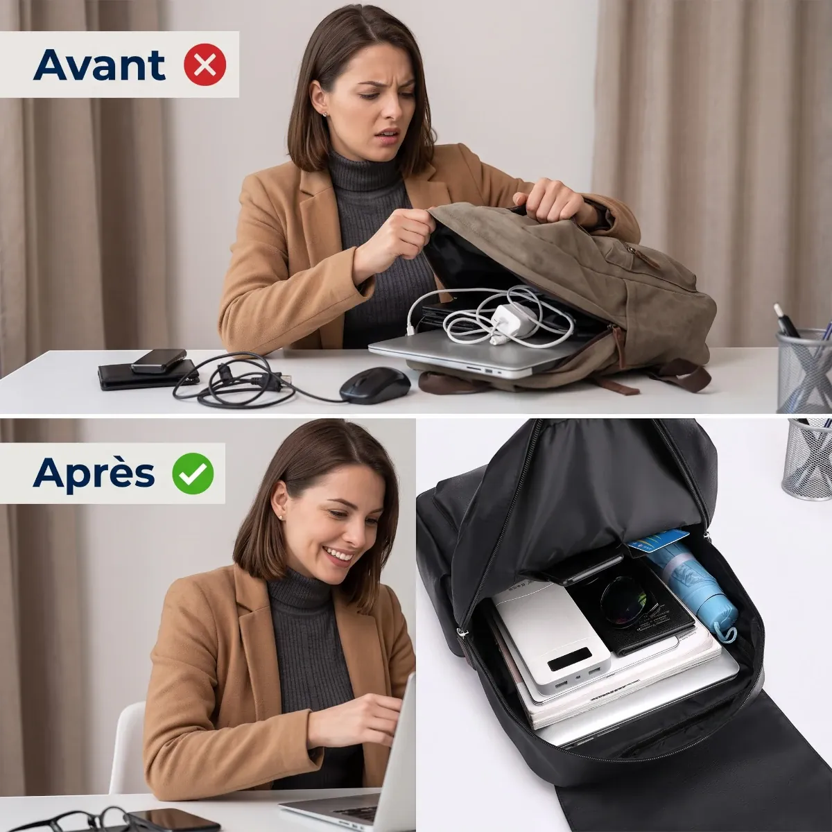 Image comparative avant/après montrant l'organisation sans friction du sac à dos business femme Linéa.