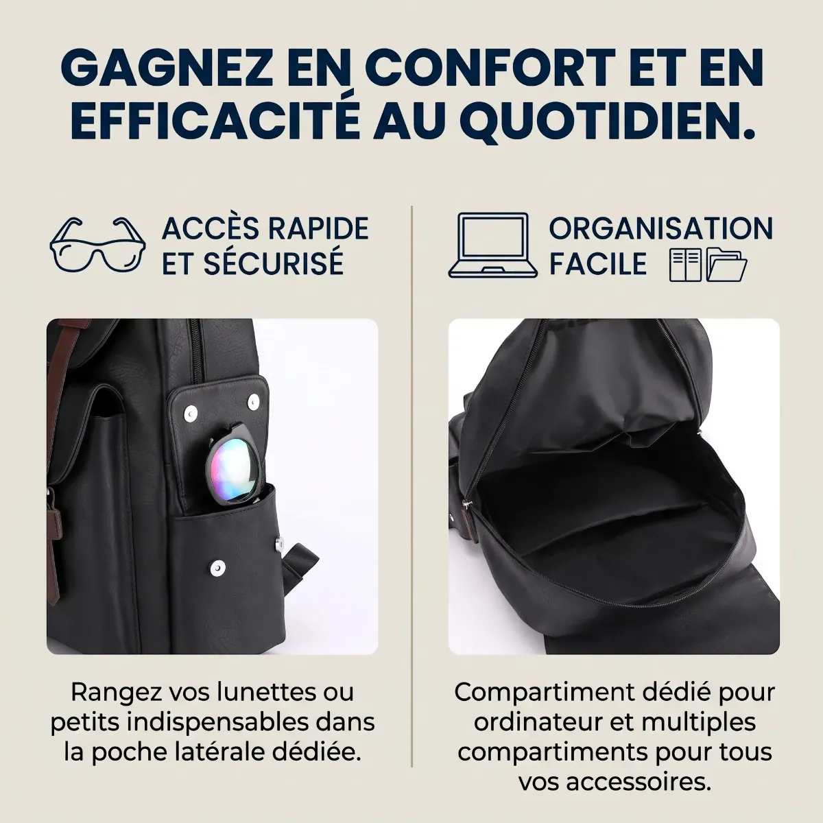 Focus sur le compartimentage optimisé et la poche latérale du sac à dos ergonomique femme Linéa.
