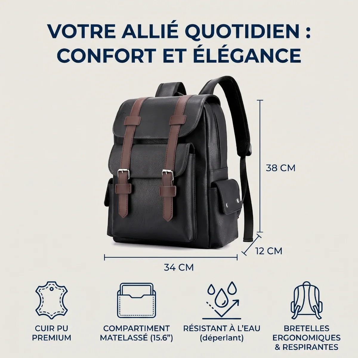 Infographie des dimensions en cm et caractéristiques de protection antichoc ordinateur du sac Linéa.