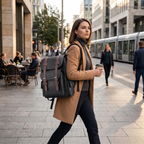 Femme active portant le sac à dos PC portable femme Linéa en situation de commuting urbain.