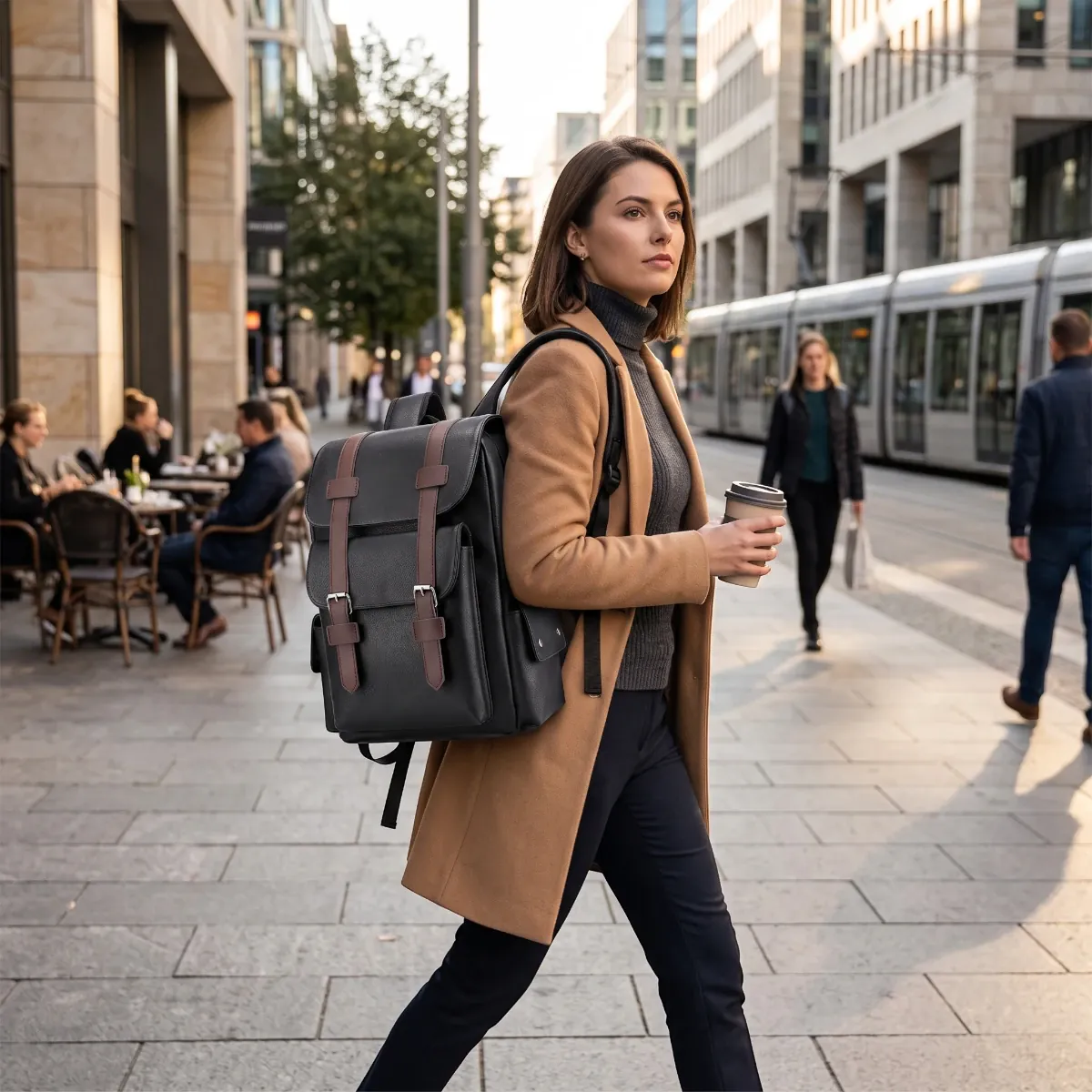 Femme active portant le sac à dos PC portable femme Linéa en situation de commuting urbain.