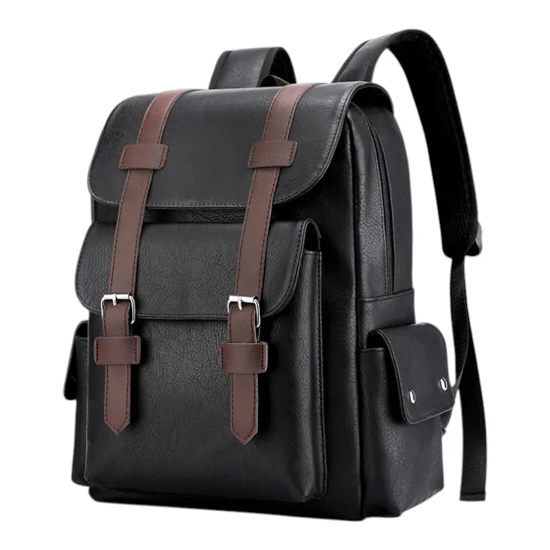Sac à dos ordinateur femme Linéa en cuir PU noir avec sangle marron, vue studio de face sur fond blanc.