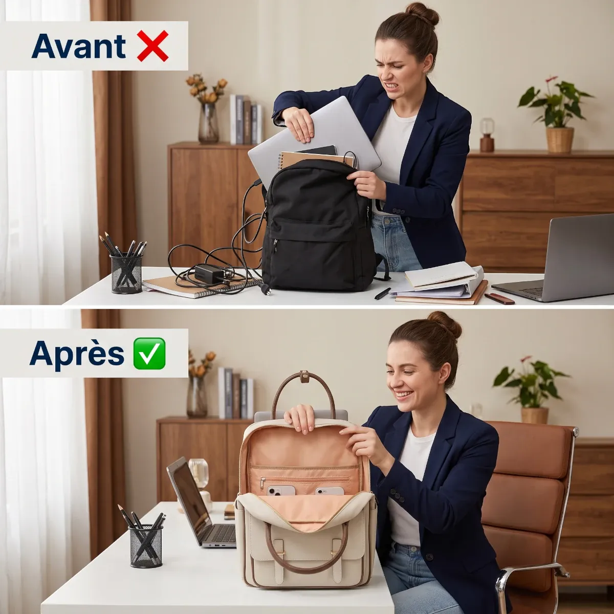 Comparatif avant/après de l'organisation avec le sac à dos ordinateur femme Lotusia