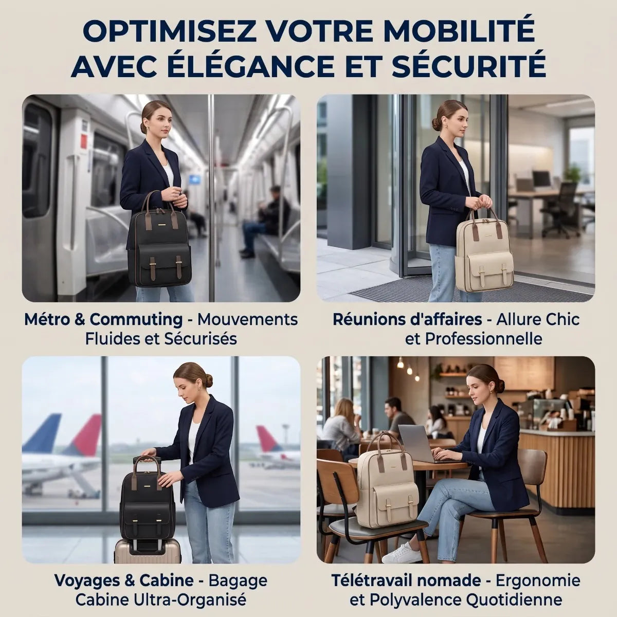 Quatre cas d'usage du sac à dos ordinateur femme Lotusia : métro, réunions, voyage, télétravail
