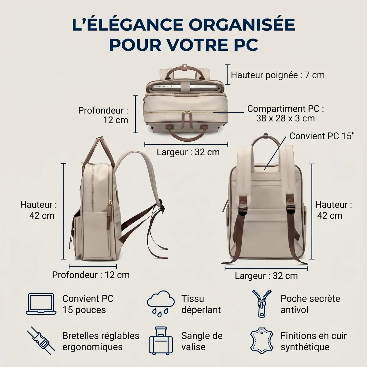 Dimensions et caractéristiques techniques du sac à dos ordinateur femme Lotusia