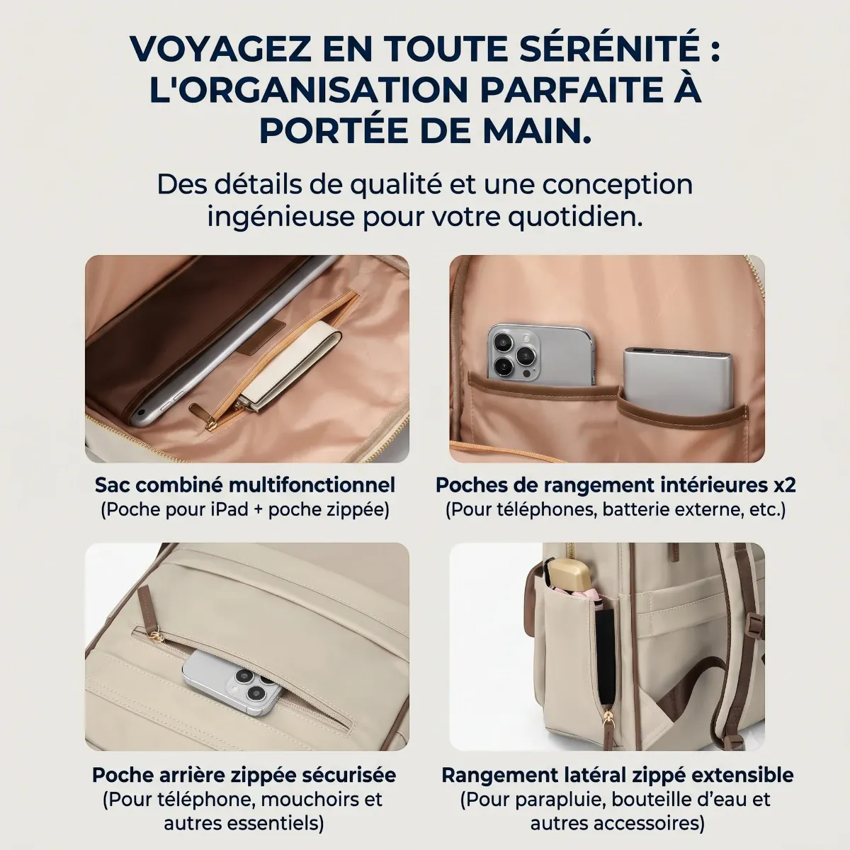Détail des poches intérieures du sac à dos ordinateur femme Lotusia pour un rangement optimal