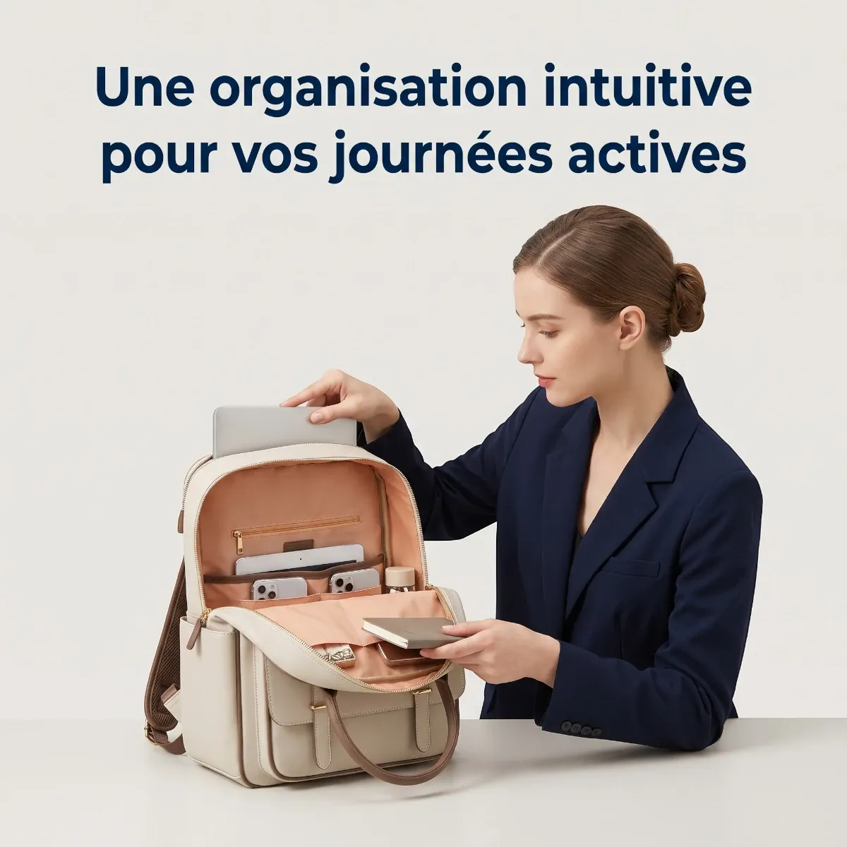 Femme rangeant ses affaires de bureau dans le sac à dos ordinateur femme Lotusia