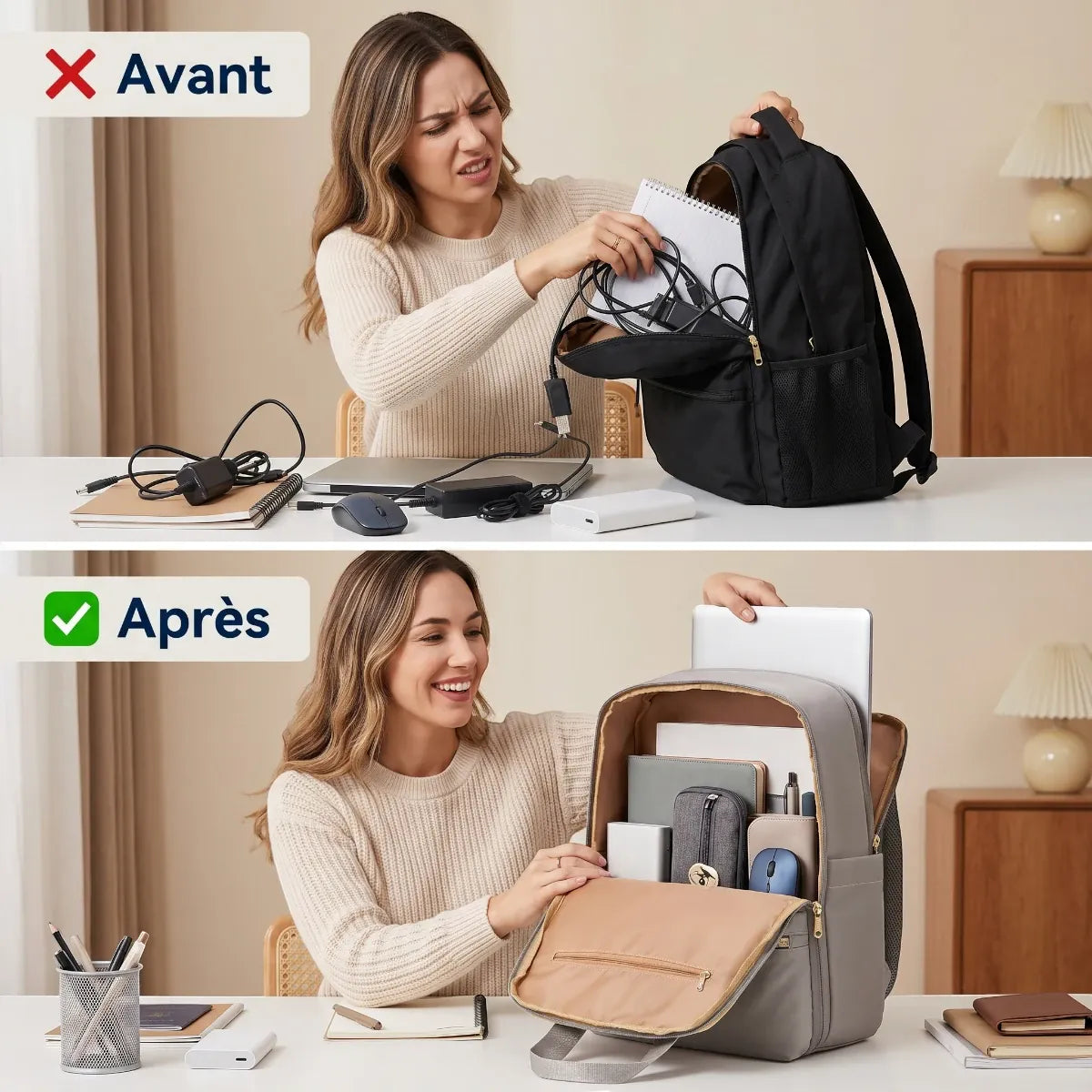 Infographie Avant/Après montrant une femme frustrée tentant d'organiser des câbles emmêlés et des accessoires dans un sac à dos noir classique, comparée à la même femme souriante et organisée plaçant proprement son ordinateur portable et ses périphériques dans un sac à dos gris moderne doté de compartiments dédiés.